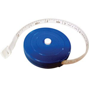 A blue retractable measuring tape with a white tape.