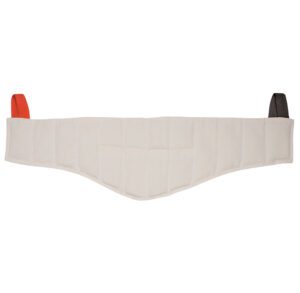 A white lumbar support belt with red and black clips on each end.