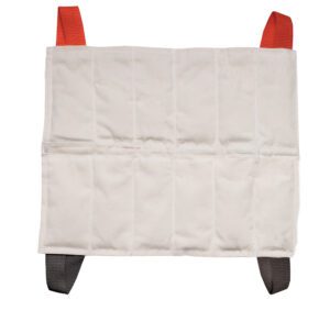 Rectangular beige fabric bag with red and black handles.