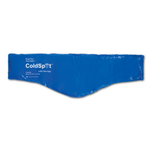 Blue ColdSpIT neck gaiter with white text.