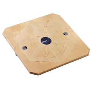 Wooden board with marked holes and a central black circle.