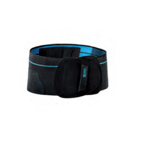 Black and blue lumbar support belt designed for back pain relief.
