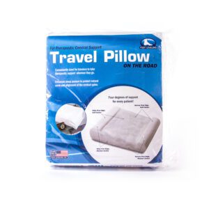 Travel pillow in blue packaging designed for neck support during travel.