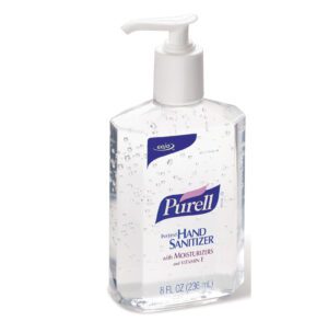 Clear Purell hand sanitizer bottle with pump.