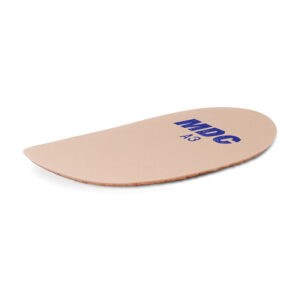 A beige orthotic foot insole with blue text on top.
