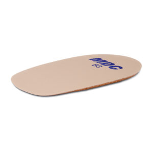 A beige orthotic insole with blue branding.