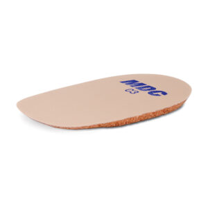 A beige orthopedic shoe insole with blue text.