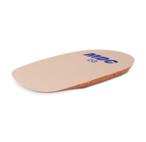 A beige orthopedic shoe insole with blue text.