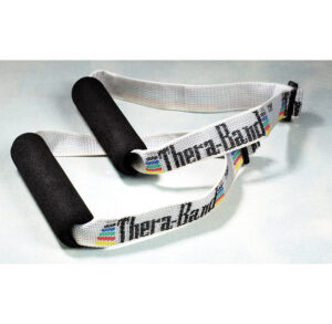 Thera-Band resistance band with foam handles for strength training.