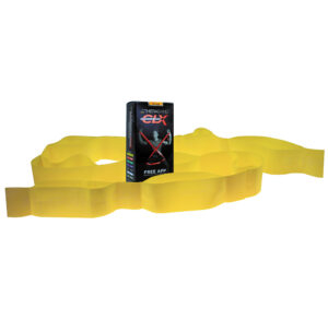 Yellow tow strap with a packaging label.