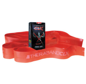 A red resistance band with its black packaging box.