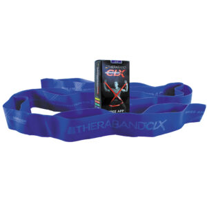 Blue resistance band with a fitness product in the center.