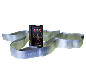 Silver-colored weightlifting belt with a metallic buckle and red tag.