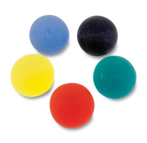 Five colorful rubber balls arranged in a circle.
