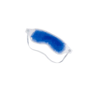 A blue and white cleaning sponge with a curved shape.
