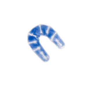 A blue and white dental night guard isolated on a white background.