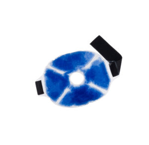 Blue tie-dye patterned sleep mask with adjustable black straps.