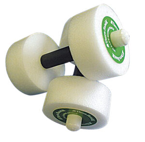 Pair of white foam dumbbells with green labels.