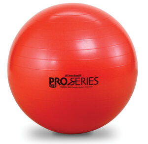 Red exercise ball labeled Pro Series, used for fitness and workouts.