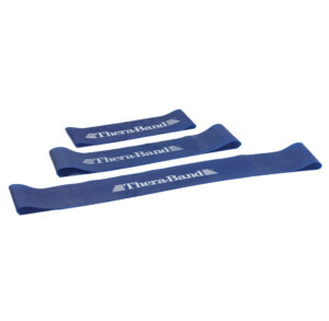 Three blue fabric wristbands with white text on a white background.