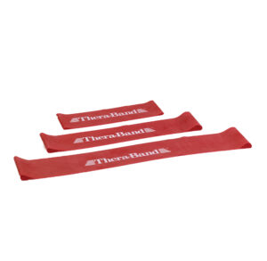 Three red resistance bands with #TeamBeast printed on them.