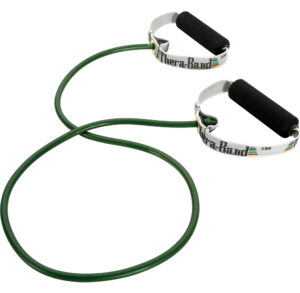 Green resistance band with handles for exercise.