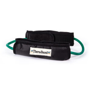 TheraBand resistance band with black padded handles.