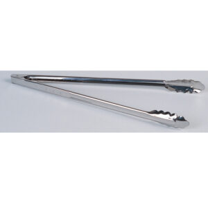 A pair of metal kitchen tongs with scalloped edges.
