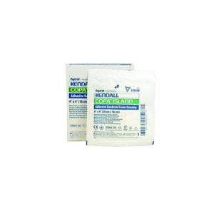 Two medical sterile gauze pads in white packaging with blue and green text.