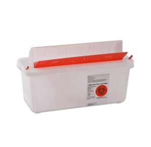 A white and red sharps disposal container for medical waste.