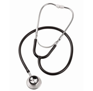 A black stethoscope isolated on white background.