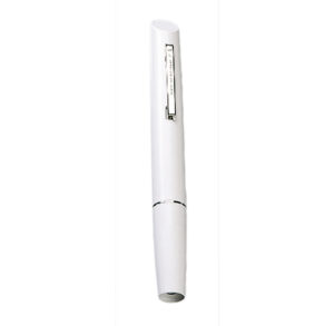 A sleek white pen with a metallic clip and cap.