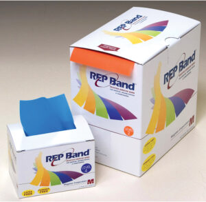 Boxes of Rep Band exercise bands in various sizes.