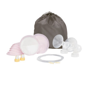 A set of breastfeeding accessories with a storage bag.