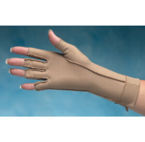 A beige arm compression sleeve with fingerless glove design.