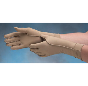 Pair of beige medical gloves with zippers on wrists.
