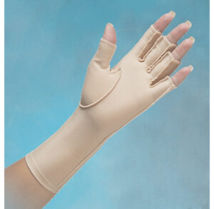 Beige compression glove designed for hand support and improved circulation.