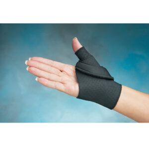 Hand wearing a black thumb support brace against a blue background.