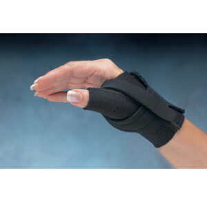 Hand wearing a black wrist brace with fingers extended.
