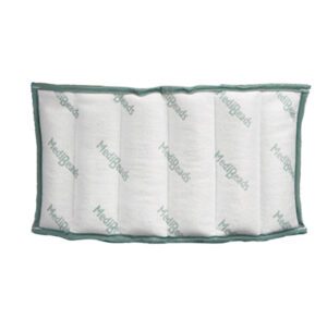 Rectangular padded cushion with green edges and white surface.