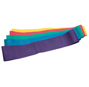 Set of colorful fabric resistance bands for exercise.