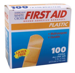 Box of 100 latex-free adhesive bandages for first aid.