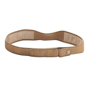 Beige fabric belt with a buckle and padded sections.