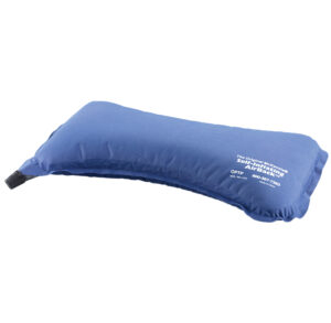 Blue inflatable travel pillow with a valve for inflation.