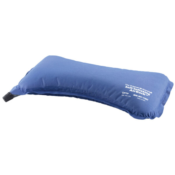 Blue inflatable travel pillow with a valve for inflation.