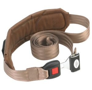 A brown safety belt with a buckle and attached key.