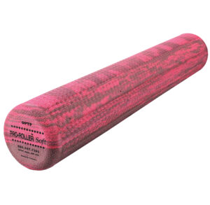 A pink foam roller with textured surface for muscle massage.