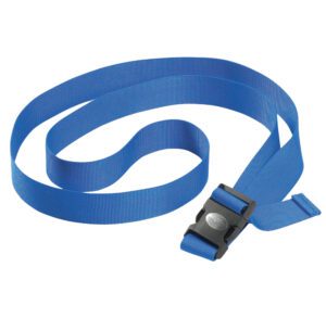 Blue luggage strap with black buckle.