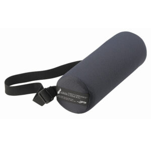 Black cylindrical foam roller with strap.