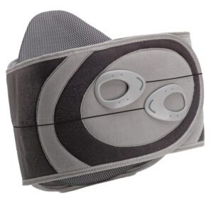 A gray and black lumbar support belt with adjustable straps.